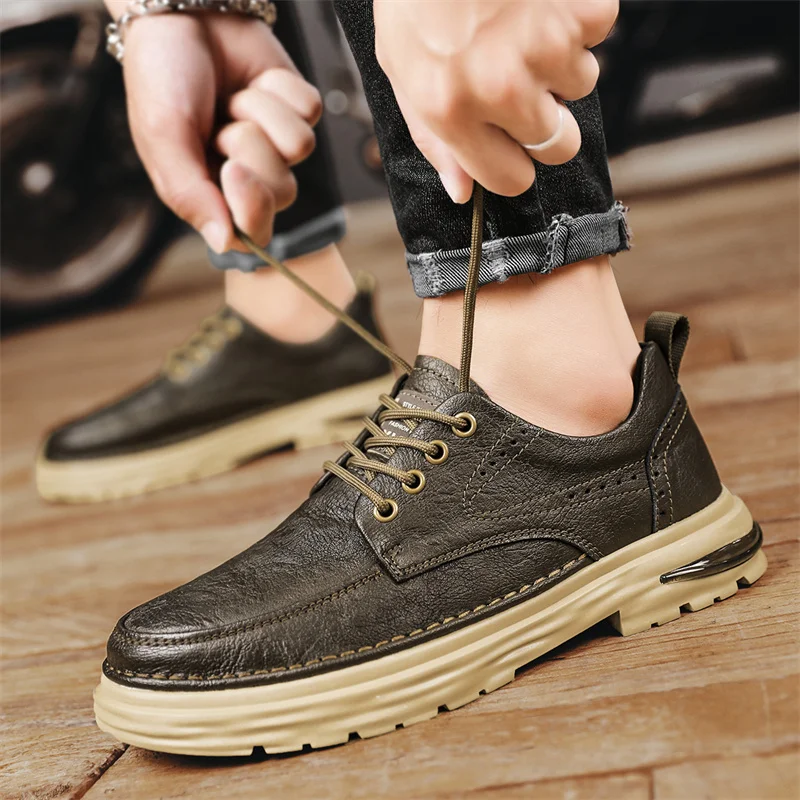 

Brand New Genuine Leather Loafers Casual Shoes Mens Sneakers Lace Up Oxford Shoes Outdoor Jogging Board Anti-slip Wearable Shoes