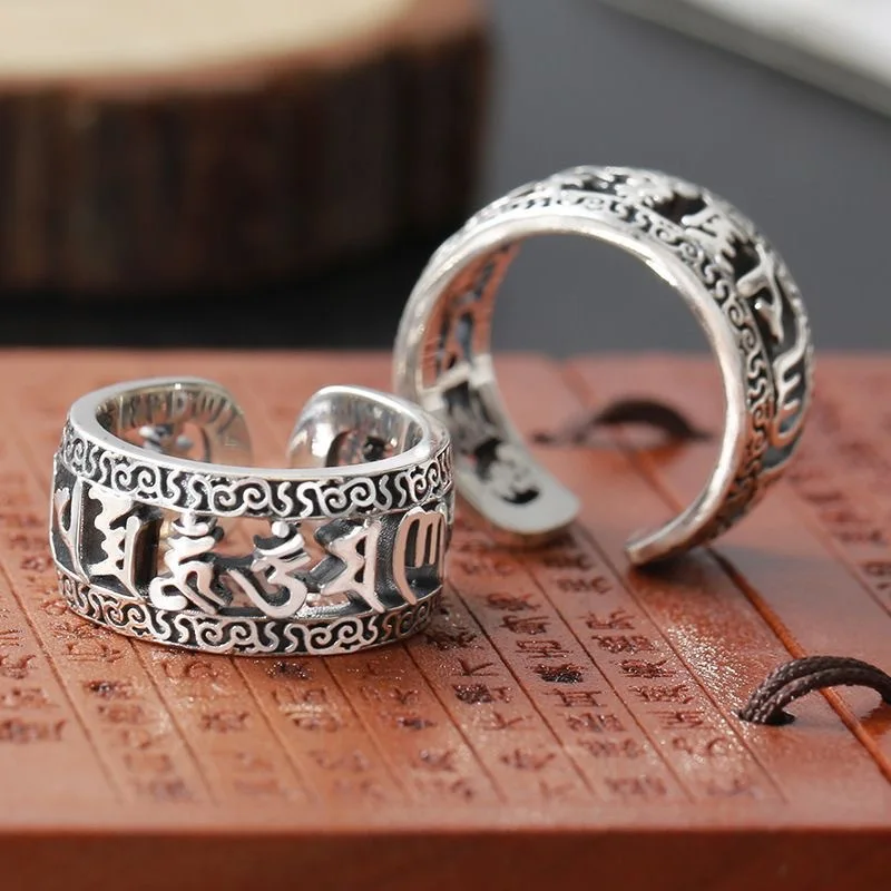 Vintage Buddhist Pray Blessings Ring For Men 925 Silver Jewelry Ethnic Hollow Words Sutra Ring Male Finger Accessories Gift