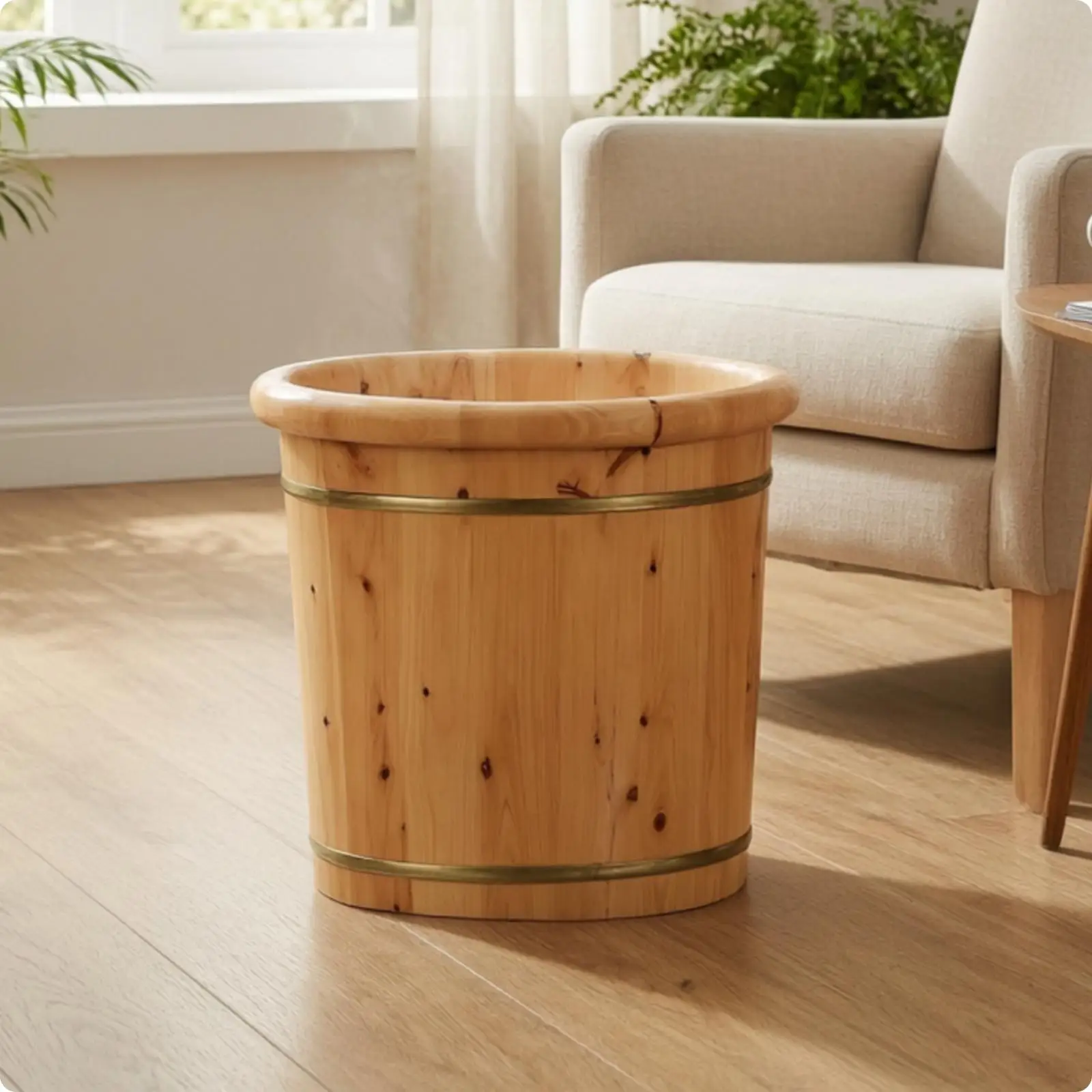 Wooden Foot Soaking Tub for Pedicure Home Use Smooth Polish Rounded Rim Bath Barrel