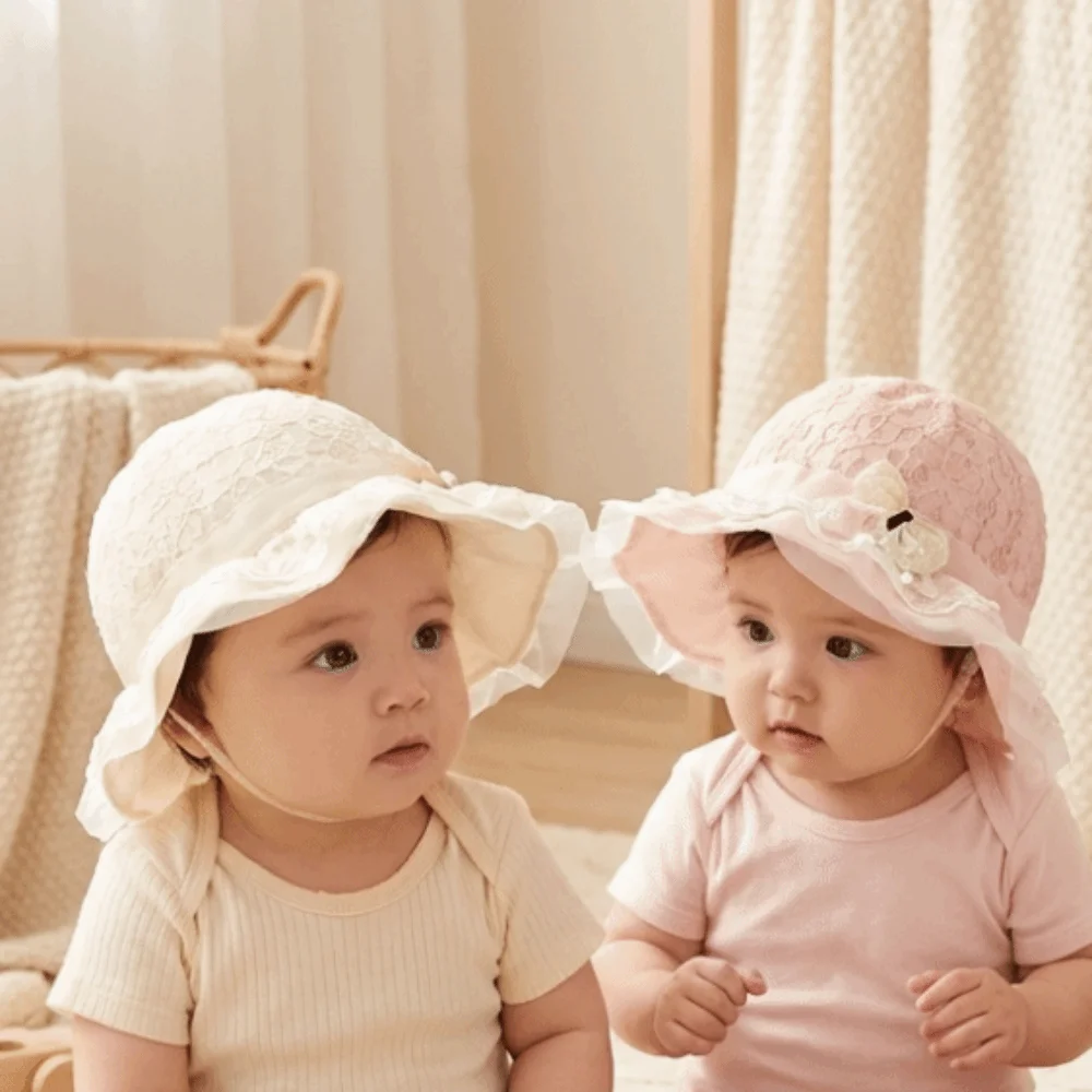 

Princess Adjustable Baby Sun Hat Pearl Bowknot Soft Brim UV Protection Cap Thin Breathable Lace Flower Toddler Bucket Hats Beach