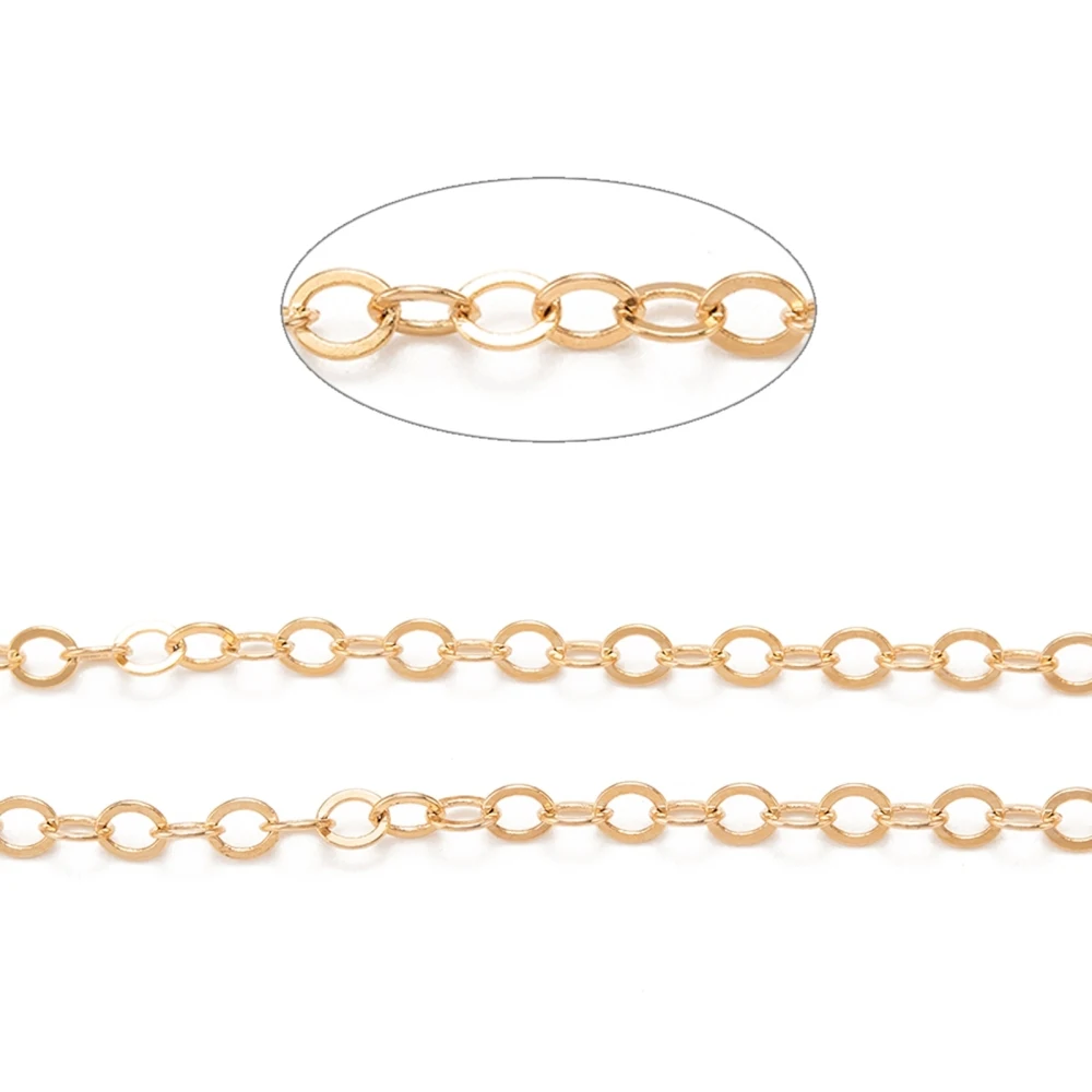 3.28 Feet Brass Cable Chains Soldered Flat Oval Real 18K Gold Plated Lead Free & Nickel Free 3.5x3x0.4mm