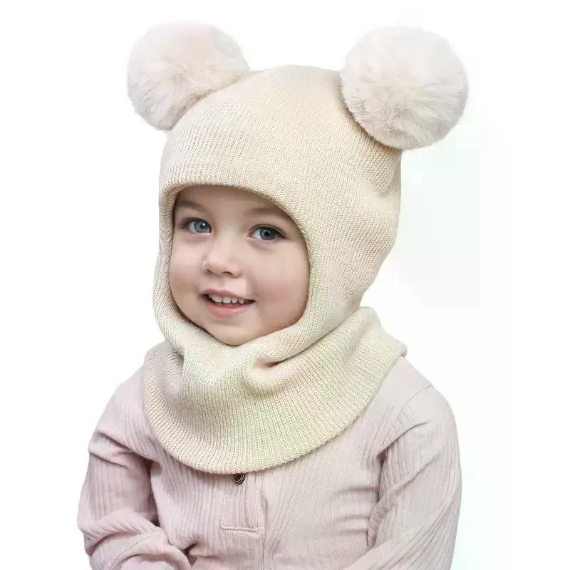 Topi Syal Terpadu Bola Ganda Anak-Anak, Topi Balaclava Lucu untuk Anak Laki-Laki dan Perempuan, Topi Wol Bola Pompom Musim Gugur Musim Dingin