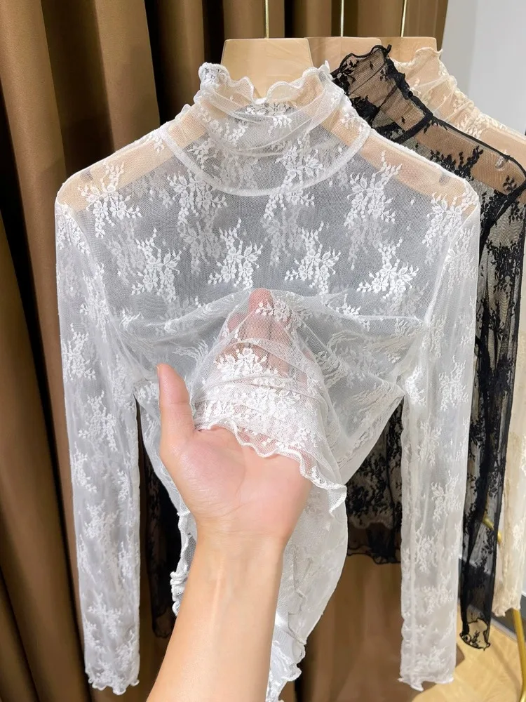 

Lace High Collar Base Shirt Women Spring Autumn Winter Hollow out Thin Mesh Sleeve Long Shirt Beige Inner Wear Top