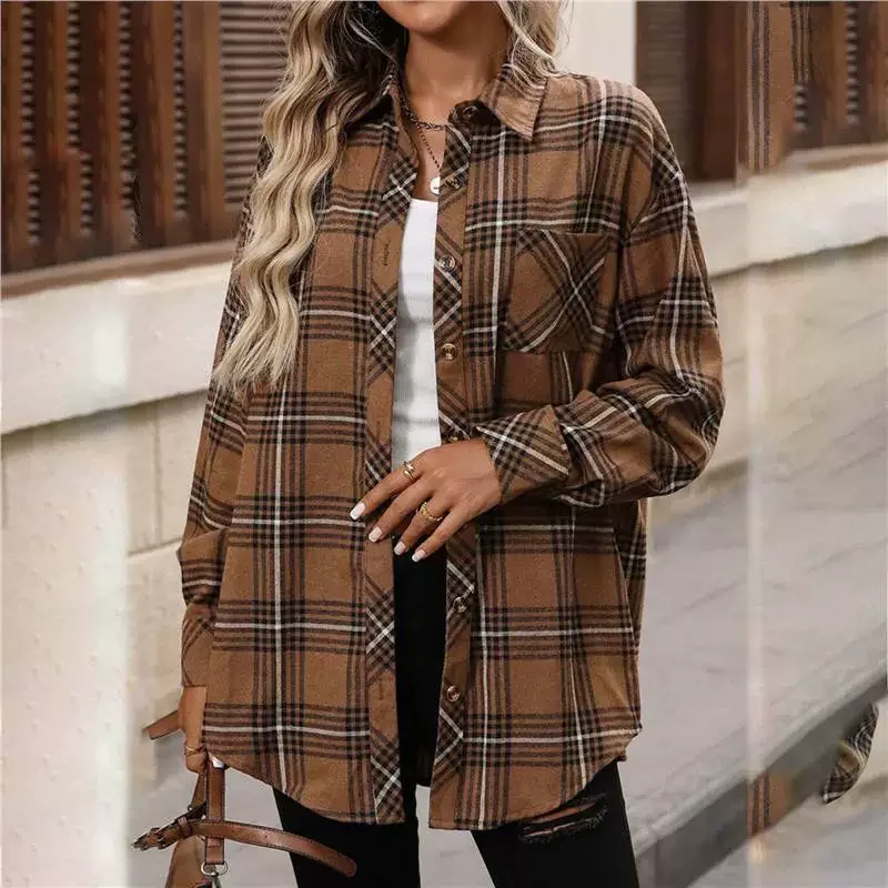 Camicie da donna casual 2025 Autunno Inverno Classico plaid Stampa completa Bottone davanti Camicia a maniche lunghe Colletto superiore Camicette da donna da ufficio