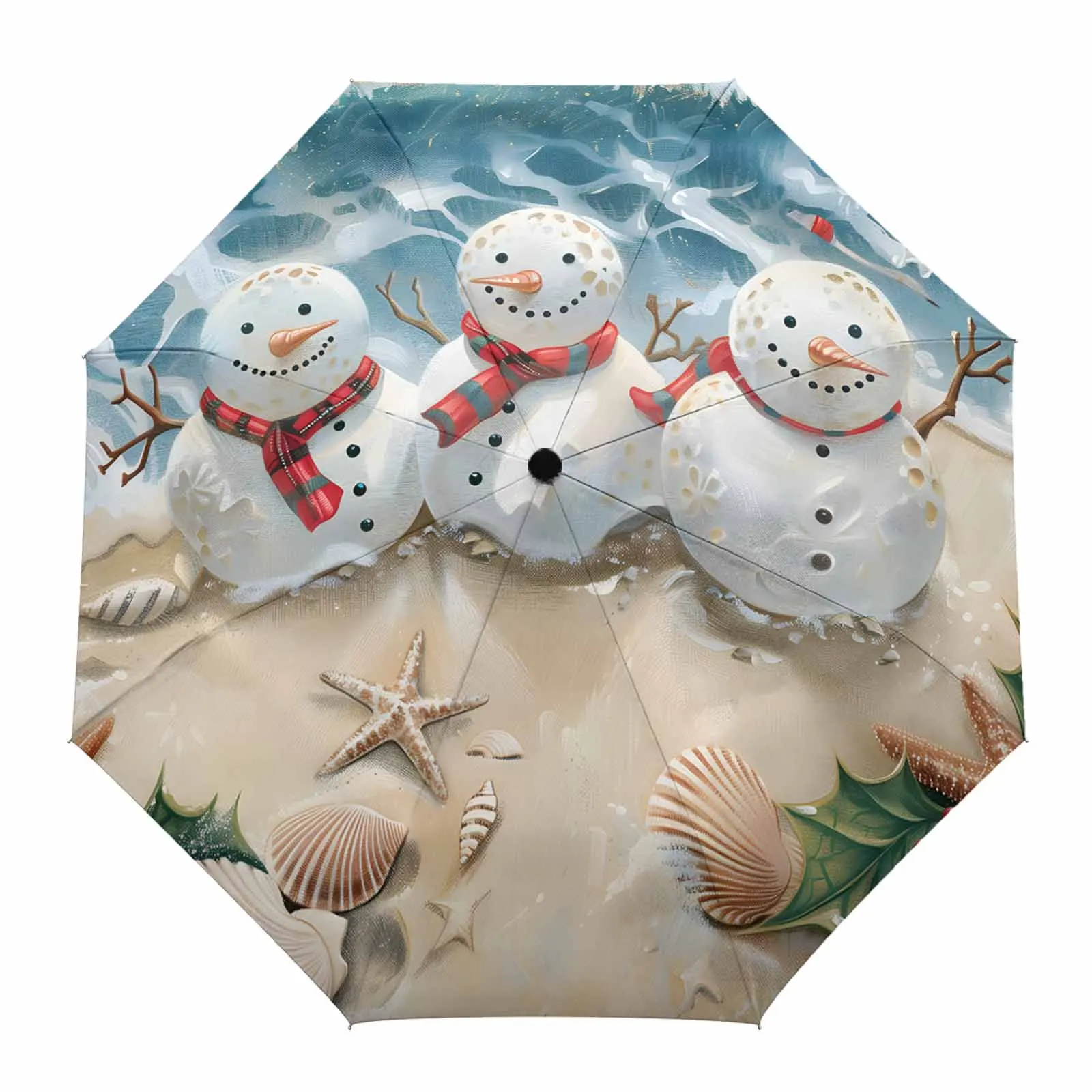 Christmas Beach Snowman Sea Star Shell Fully-automatic Umbrella for Outdoor Kids Adults Umbrella Foldable Eight Strand Umbrella