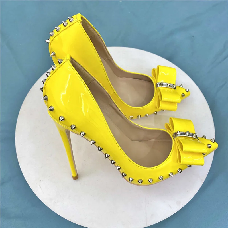 Heelgoo Spikes Bow Women Glossy Yellow Pointy Toe High Heel Shoes Plus Size 33-46 Sexy Party Stiletto Pumps Color Customizable