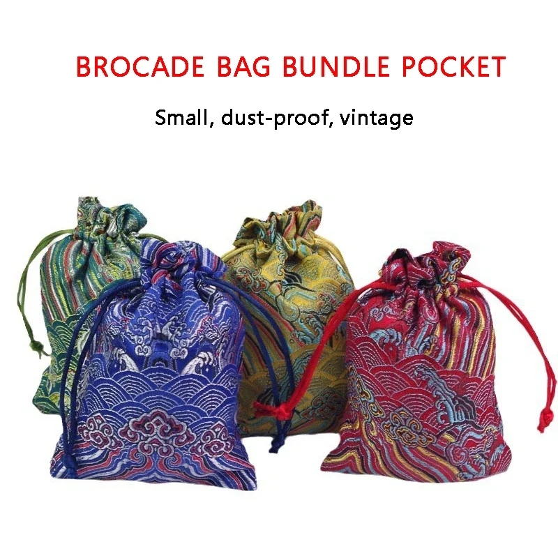 10pcs Brocade Bag/Single-layer Water Print Play Storage Bag Jewelry Bag Bundle Mouth Pull Rope Ethnic Vintage Gift Brocade