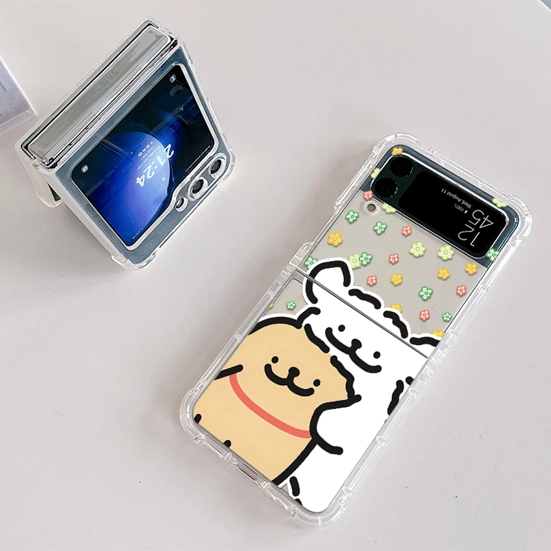 Ins Korea Line Puppy Maltese Magsafe Magnetic Phone Case for Samsung Galaxy Z Flip 3 4 Z Flip 5 6 Z 5G Soft Clear Tpu Cover