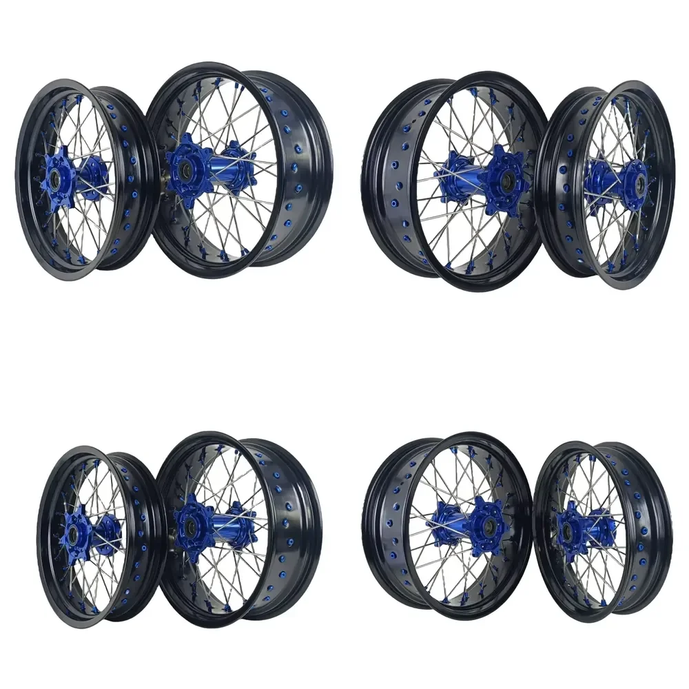 【2026 New Design】 Motorcycle 17 Inch Supermoto Alloy Wheels Rims Set Fit WR250X 2007-2022 Blue CNC Machined Hub Black
