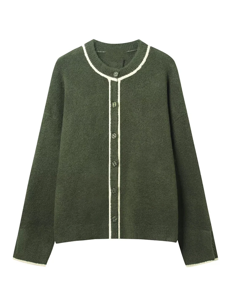 Cardigan de malha casual feminino o pescoço único breasted contraste malhas 2025 outono inverno chique senhoras moda outerwear