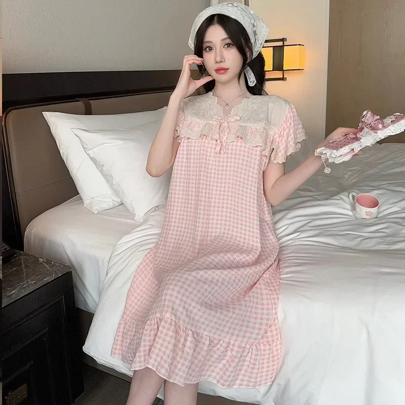 

110kg Oversized Summer Short Sleeve Nightdress Women Floral Grid Print Nightgown Japanese Korean Style Thin Pajamas Loungewear