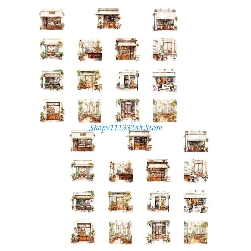 G88D 30 Sheets Decorative Sticker Laptop Sticker Adhesive Decal Coffee House Series Sticker for Journaling Scrapbooking