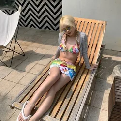 Hello Kitty fashion new split strap summer swimsuit cute print hot girl hot spring vacation seaside bikini three-piece set