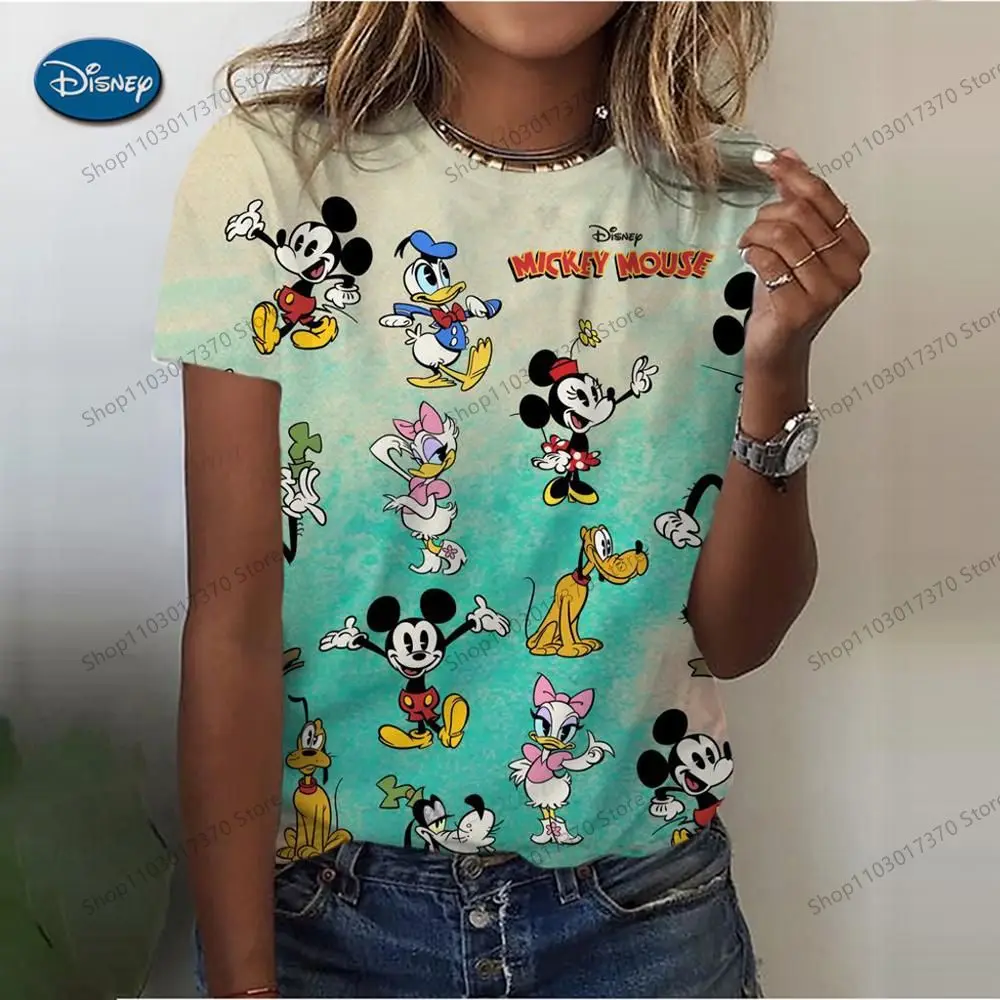 Camiseta con estampado de cabeza de Minnie Mouse de Disney, Tops informales de cuello redondo de dibujos animados, ropa para bebés, niños y niñas,