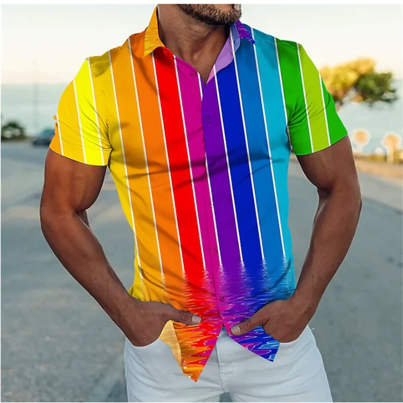 

Men's Shirt Summer Hawaiian Shirt Stripe Print Chroma Lapel Outdoor Street Short Sleeve Pocket Clothing Designer Casual Clothing