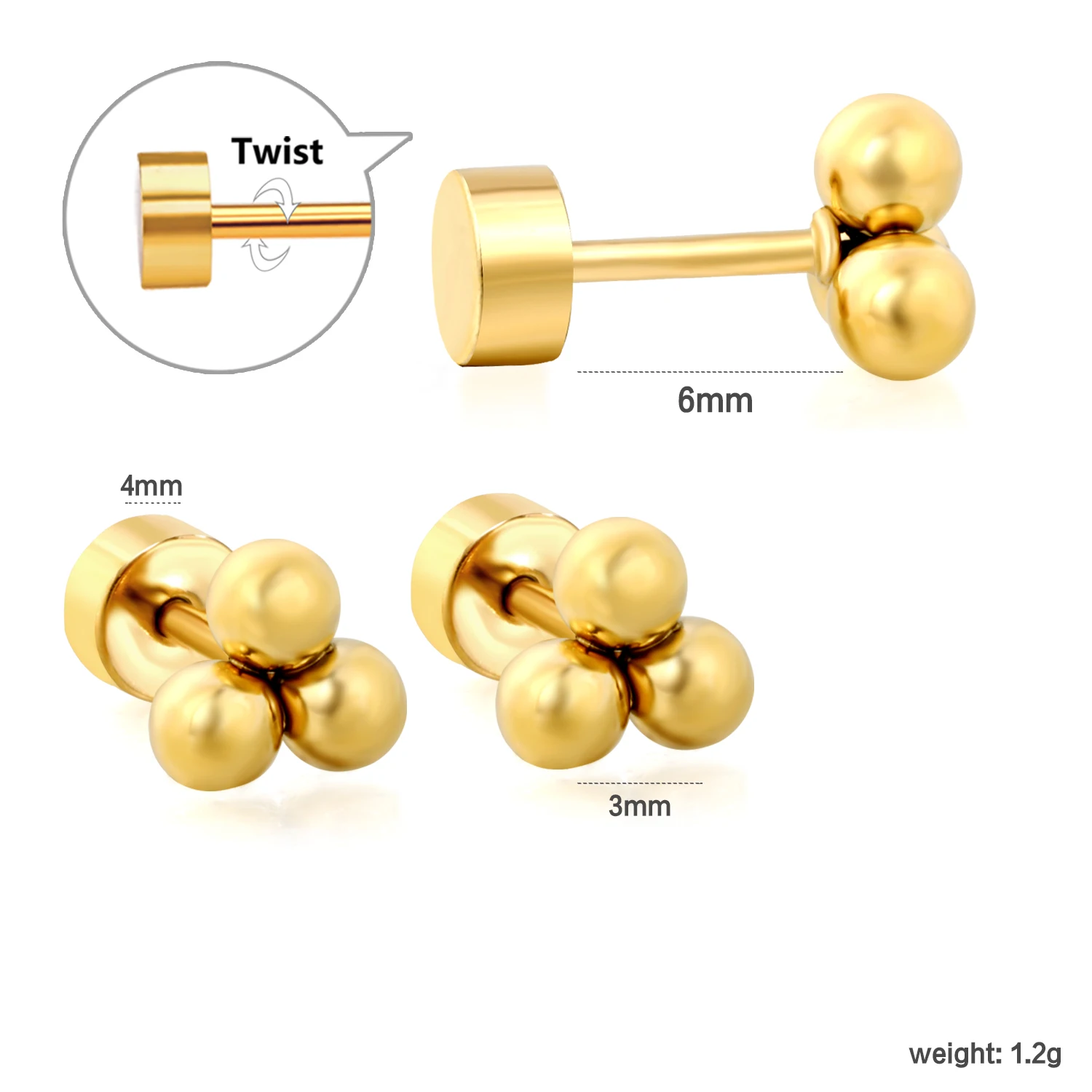 Wholesale 6Pairs Gold 3-Bead Cluster Stud Earrings Stainless Steel Screw Back Bulk Supply For Resale Vendors