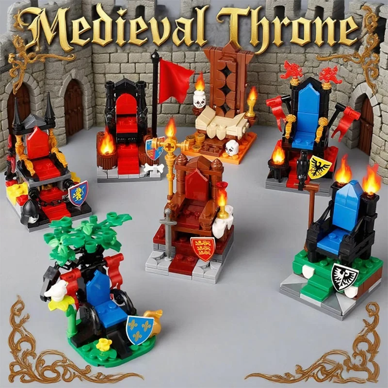 MOC Medieval Viking Throne Series Building Blocks King Castle Royal Army Knight Eagle Lion Chair Seat Skeleton Bricks Toys Gifts