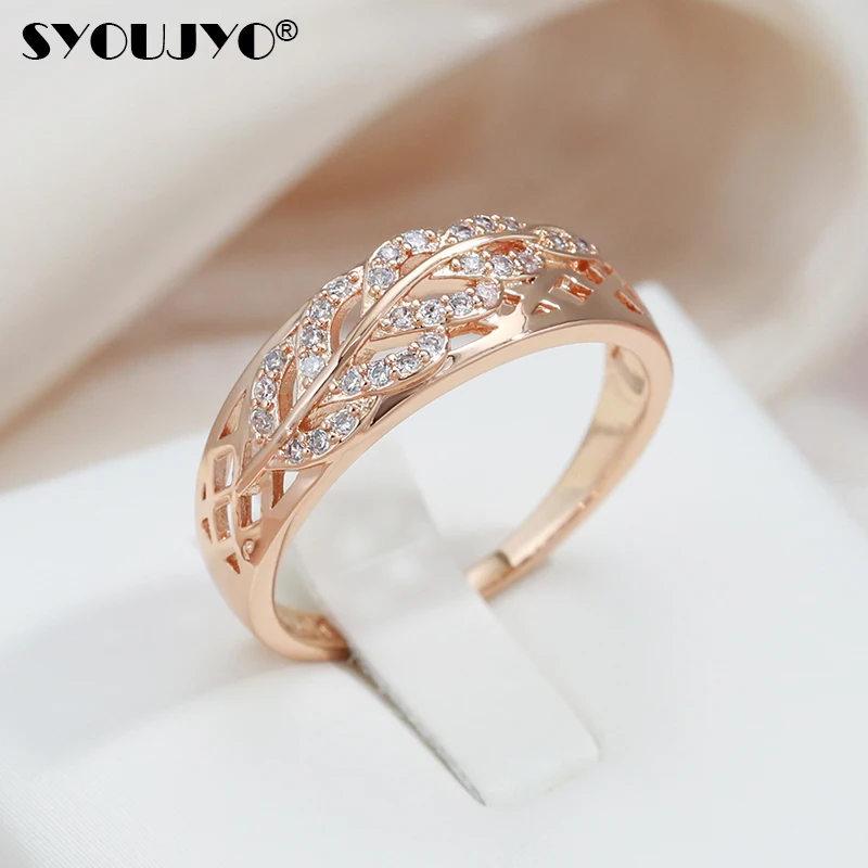 SYOUJYO Shiny Natural Zircon Hollow Leaf Rings For Women Elegant 585 Rose Gold Color Easy Matching Jewelry Fashion Wedding Rings