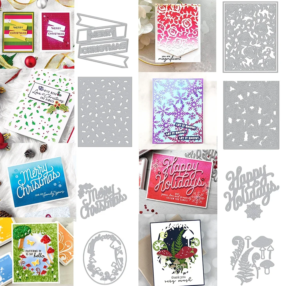 Konfetti Fancy Hintergrund Metall Stanzformen Frohe Weihnachten Worte Pilz Wald Fenster Sterben für DIY Scrapbooking Handwerk Herstellung