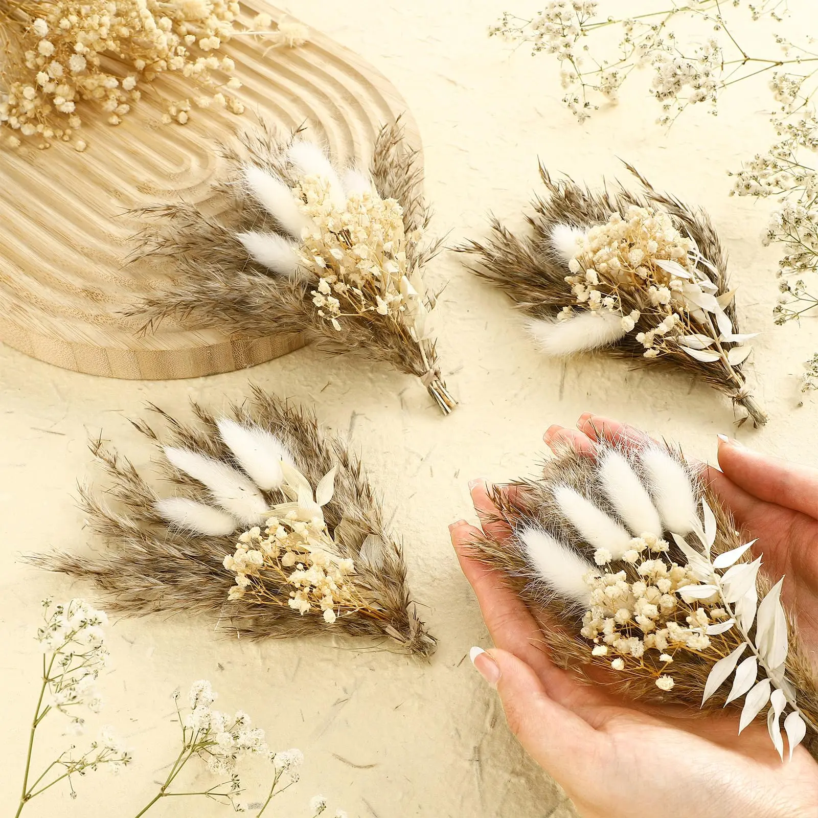 10Pcs Real Natural Pampas Grass Boho Dried Flowers Mini Wedding Bouquet Boutonniere for Men Rustic Corsage Party Decorations DIY