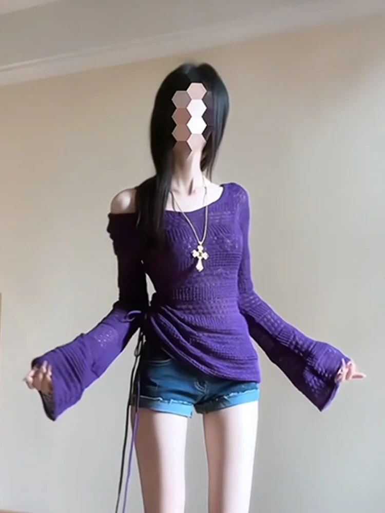 

XZY plus Size Sexy Purple Knitted Top Women's Summer Slim Fit Hollow out Sun Protection Cover up Korean Sle Commute Faion