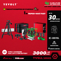 YEVOLT TL-YVGLL4XS-Series Green Laser Level 3/4-Plane 12/16-Line Self-leveling 360 3D/4D Power x 2 Measuring Tool-1M Tripod