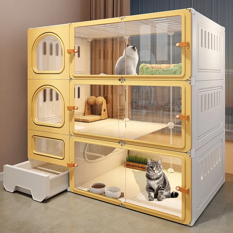 Large Panoramic Cat Villa with Litter Box,Indoor MultiLevel Cat House Cage,1-Bedroom 1-Bath Design,Spacious Enclosed Cat Playpen