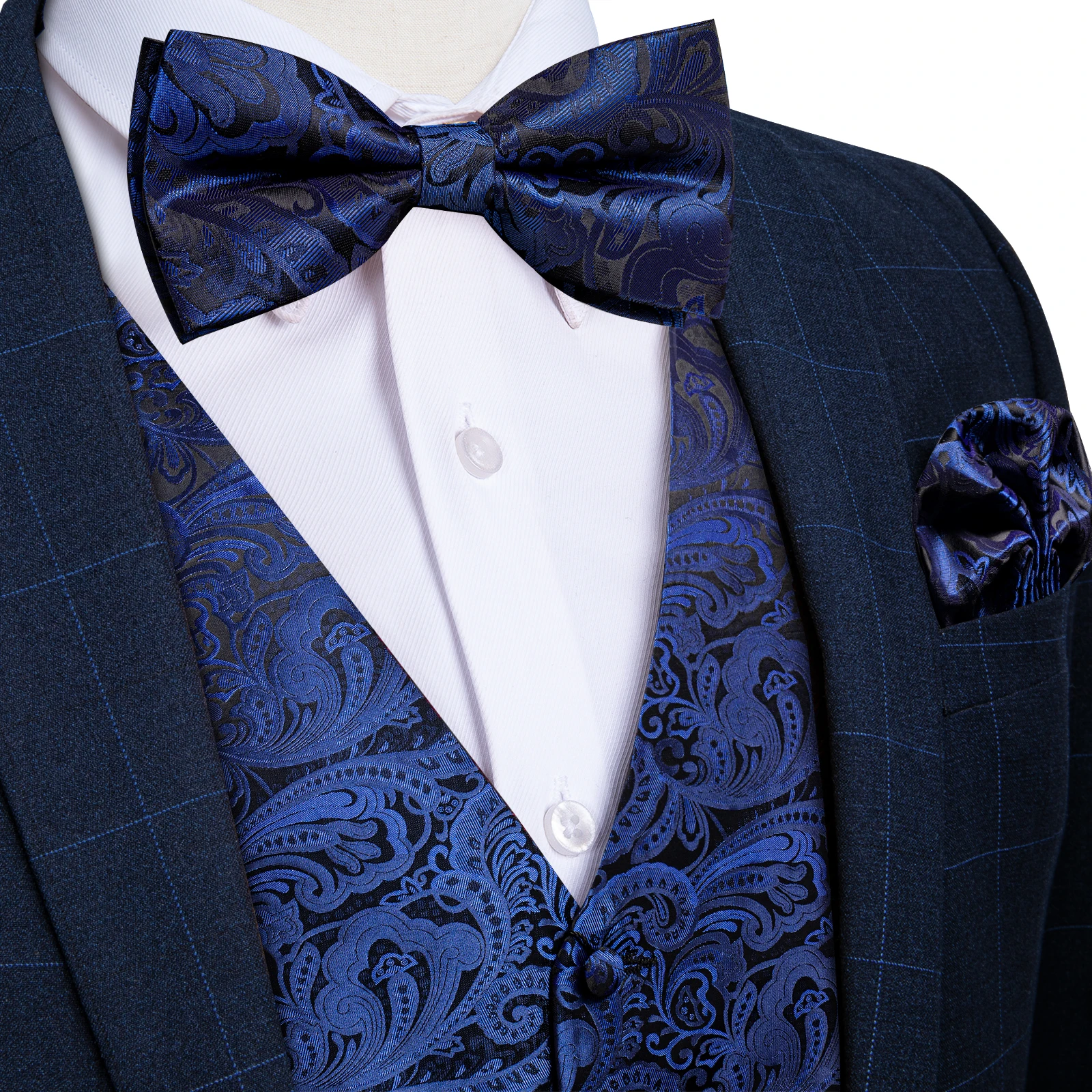 

Royal Blue Paisley Vest Accessory Set Bow Tie Pocket Square Cufflinks For Holiday Celebration Stage Show