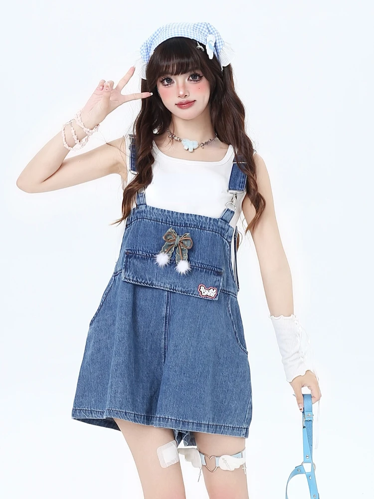 Japanese Style Kawaii Jean Strap Shorts Women 2000s Vintage Y2k Clothing Denim Shorts Cute Girl Loose Strap Wide Leg Overalls