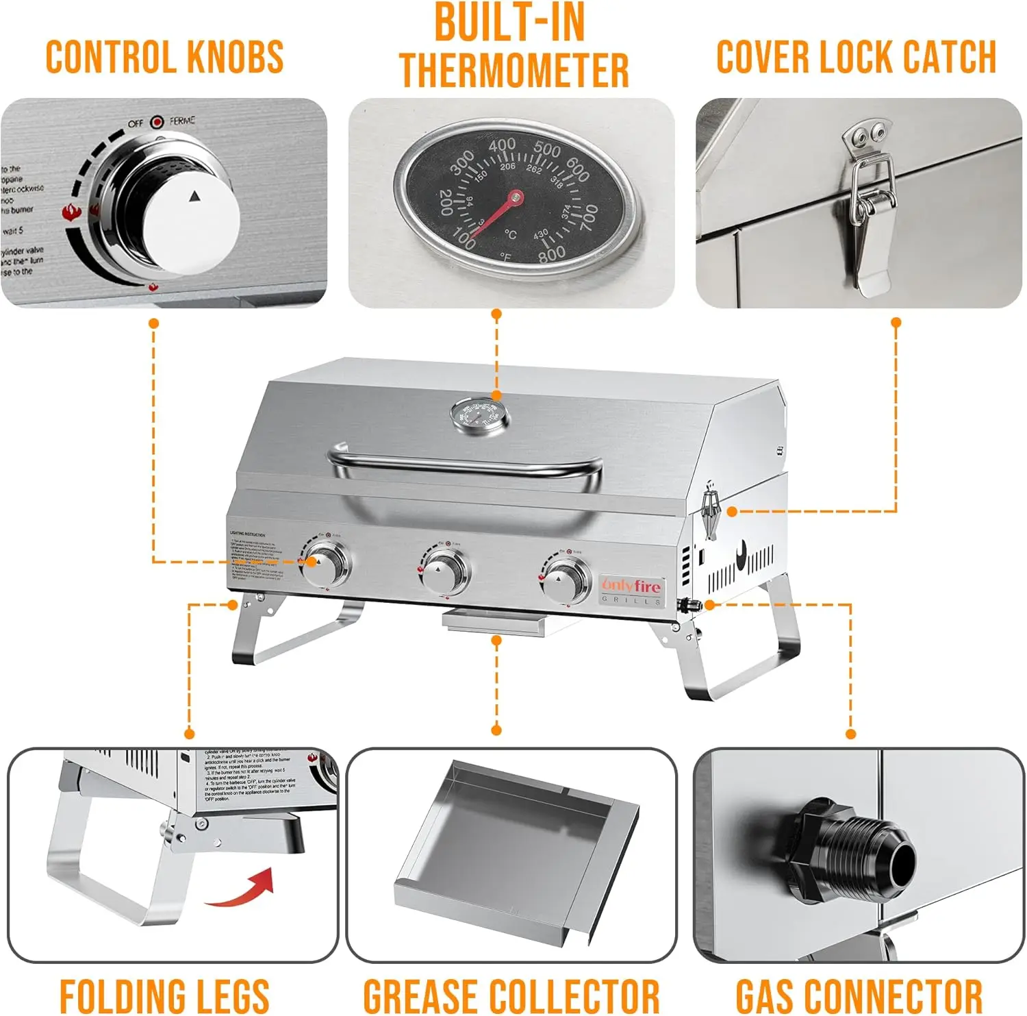 Tabletop Gas Grill 3 Burners,24" Stainless Steel Portable Propane Grill with Foldable Legs RV Trip, Heavy Duty & 24000BTU, GS307