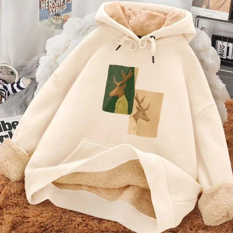 Cartoons Sweatshirt Autumn Winter Composite Fleece Printing Dream Mirror Deer Women's Hoodie Long Sleeve Casual Pullover Female