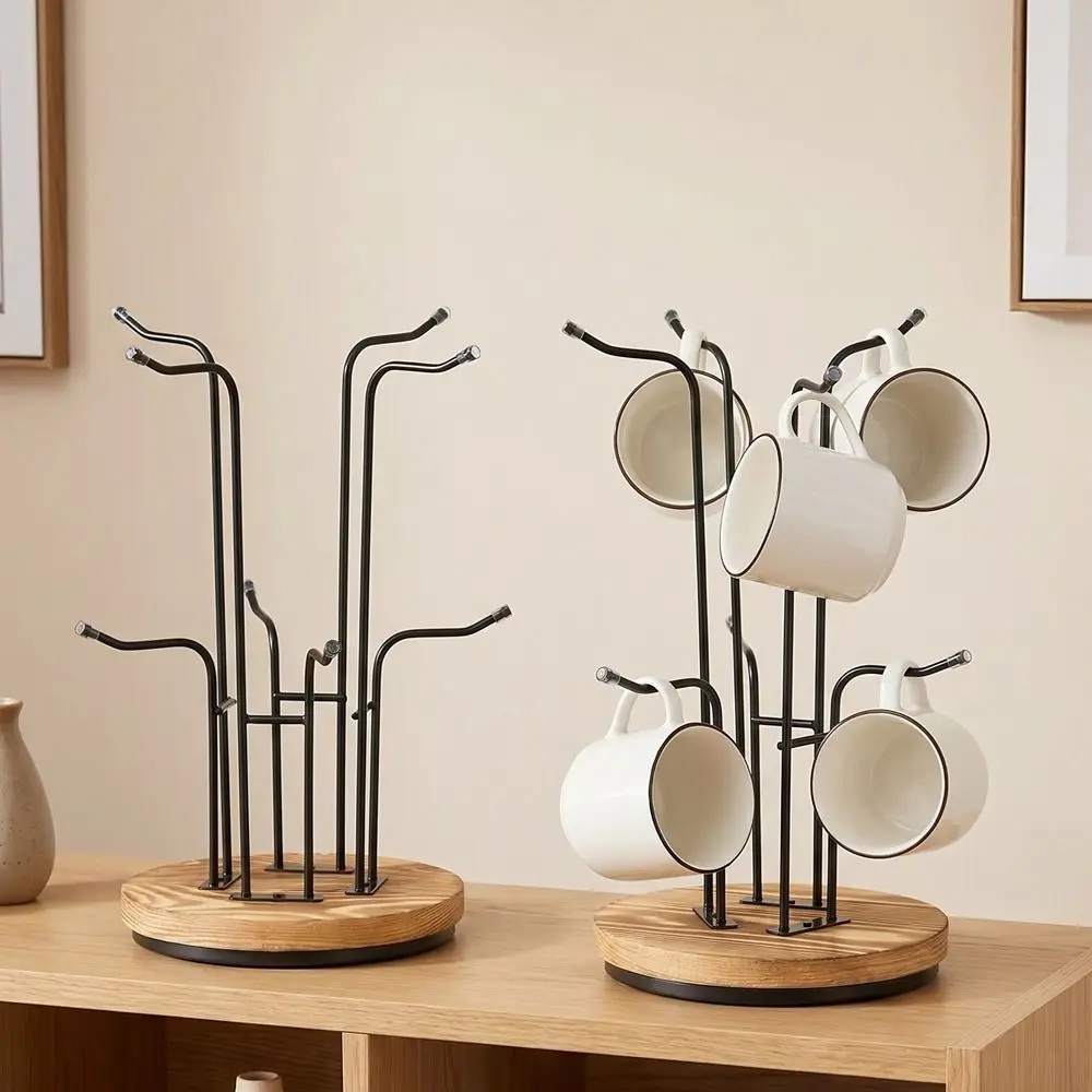 

Wooden 360° Rotating Coffee Cup Holder Removable Large Capacity Water Bottles Storage Rack with Hooks Space Saving