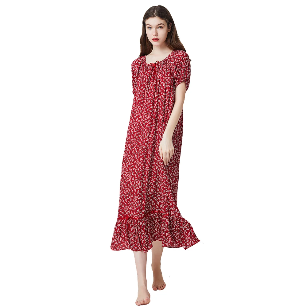 Red Women Short Sleeves Long Nightgown Super Soft Full Length Sleepwear Comfy Elastic Slash Neck Floral Cotton Nightshirts M-2XL