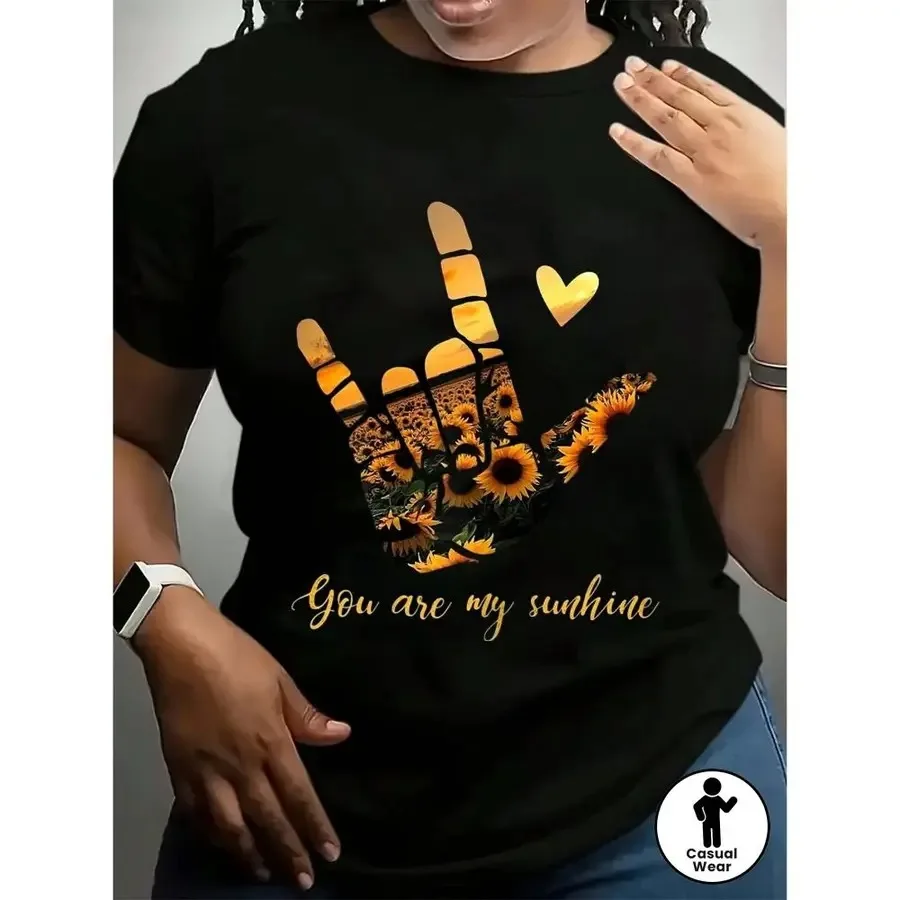 【New Arrival】You Are My Sunshine ASL Hand Sign Sunflower Heart Graphic T-Shirt Women Positive Inspirational Casual Black Tops