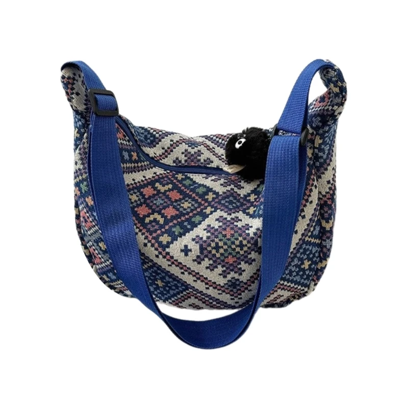 E74B Ethnic Style Dumpling Bag for Casual and Retro Shoulder Carry Unique Shape with Pendant Decoration