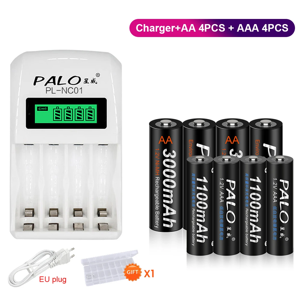 

PALO 1.2V AA AAA Battery AA NIMH Rechargeable Battery 1100 AAA NI-MH Batteries +4 Slots LCD 1.2V AA AAA NIMH Battery Charger