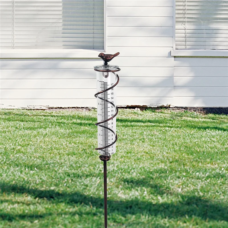 Capacity Glass Spiral Rain Gauge,Cast Iron Bird Hanging Rain Gauge,Garden Rain Water Meter Measuring with Metal Frame