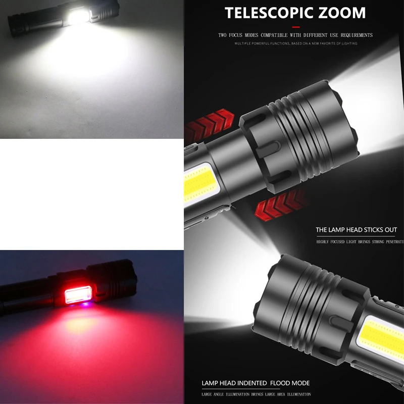 ZK20 Dropshipping USB Rechargeable XHP90 COB Powerful LED Flashlight Zoom Red Torch Light 18650 26650 Touch Switch Flashlights