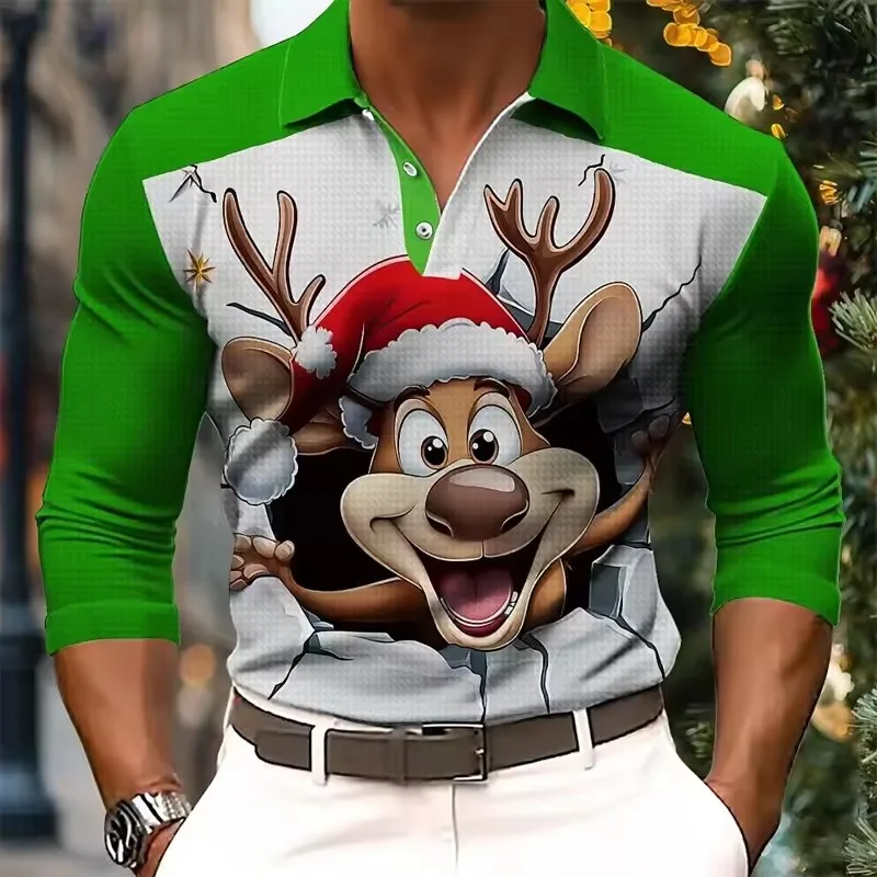 Men's Christmas Printed Polo shirt Autumn Long Sleeved Lapel Casual Top Plus Size Men Clothing 2025 New Christmas Cloting
