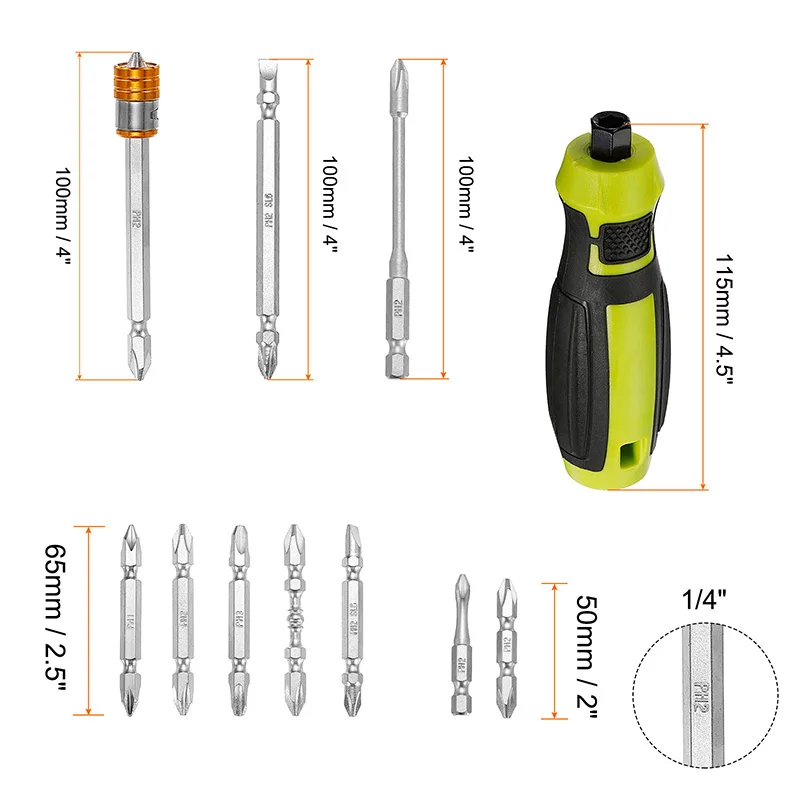 PH1/PH2/PH3/SL6 Set di cacciaviti multitasche Phillips a doppia estremità Set di cacciaviti in acciaio S2 con gambo esagonale da 1/4 "utensili manuali antiscivolo
