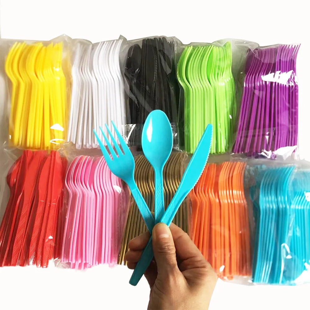Juego de cubiertos de plástico reutilizables, cucharas, tenedores, cuchillos, vajilla de plástico, negro, blanco, rojo, Morado, amarillo, dorado, Rosa, Verde, 30 unidades