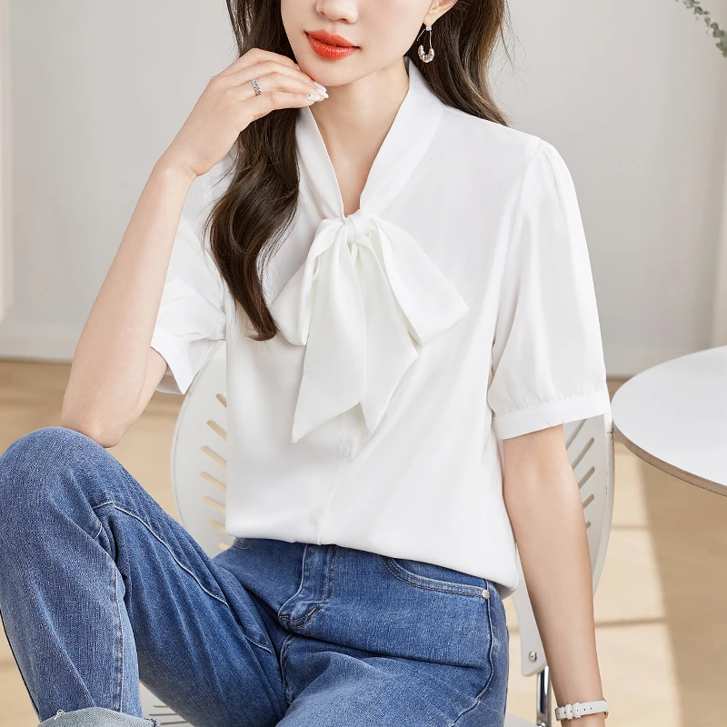 Fashion Short Sleeve Bow Collar Women Shirt Office Lady Casual Shirt Blouse Women Tops  Blusas Mujer De Moda 2024 Verano J424