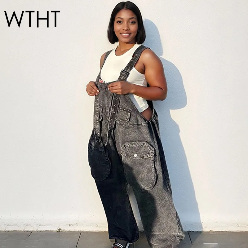 

WTHT модные винтажные женские комбинезоны с большими карманами и широкими штанинами, новинка зимы 2025, женские комбинезоны без рукавов с открытой спиной 1LS2768