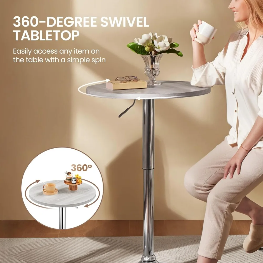 Round Bar Table, Adjustable Height and 360° Swivel Bar Tables, Cocktail Table with MDF Top, Silver Leg Base for Bar, Bistro, Ca