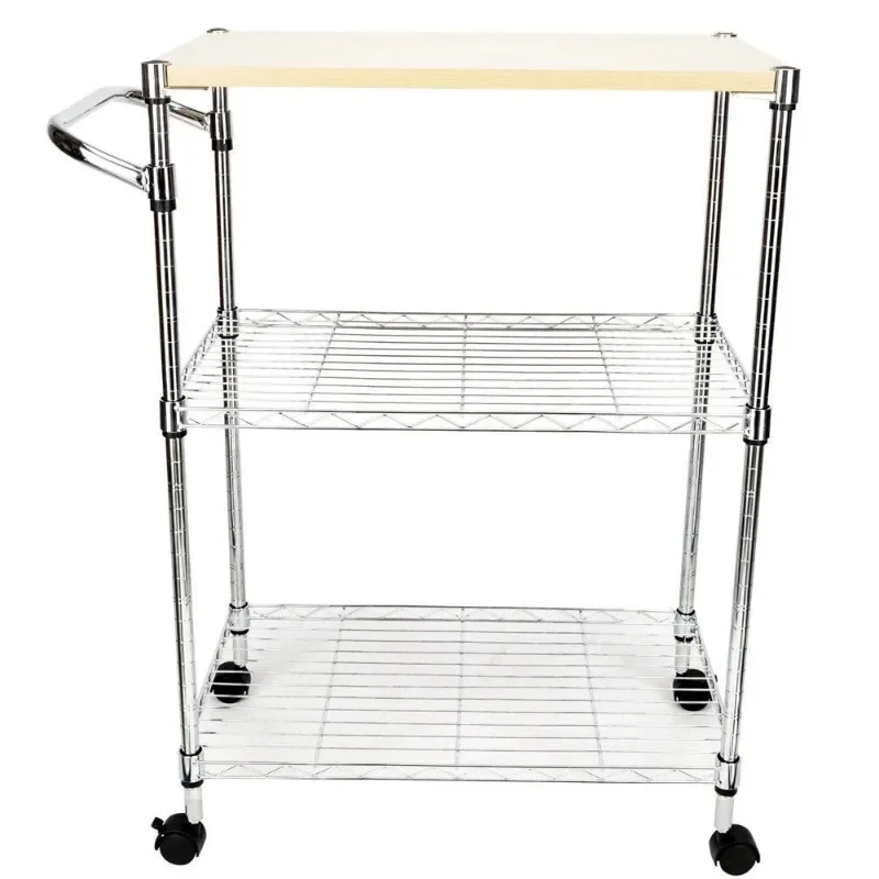 

3-Tier Rolling Kitchen Trolley Cart Steel Island Storage Utility Service Dining Silver