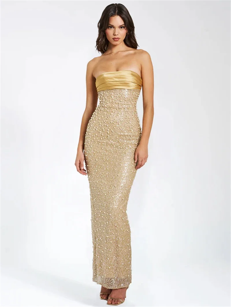 

Golden Women Prom Dress Shiny Sequins Pearls Sexy Strapless Skirt Sleeveless Sheath Slim Formal Red Carpet Banquet Evening Gown