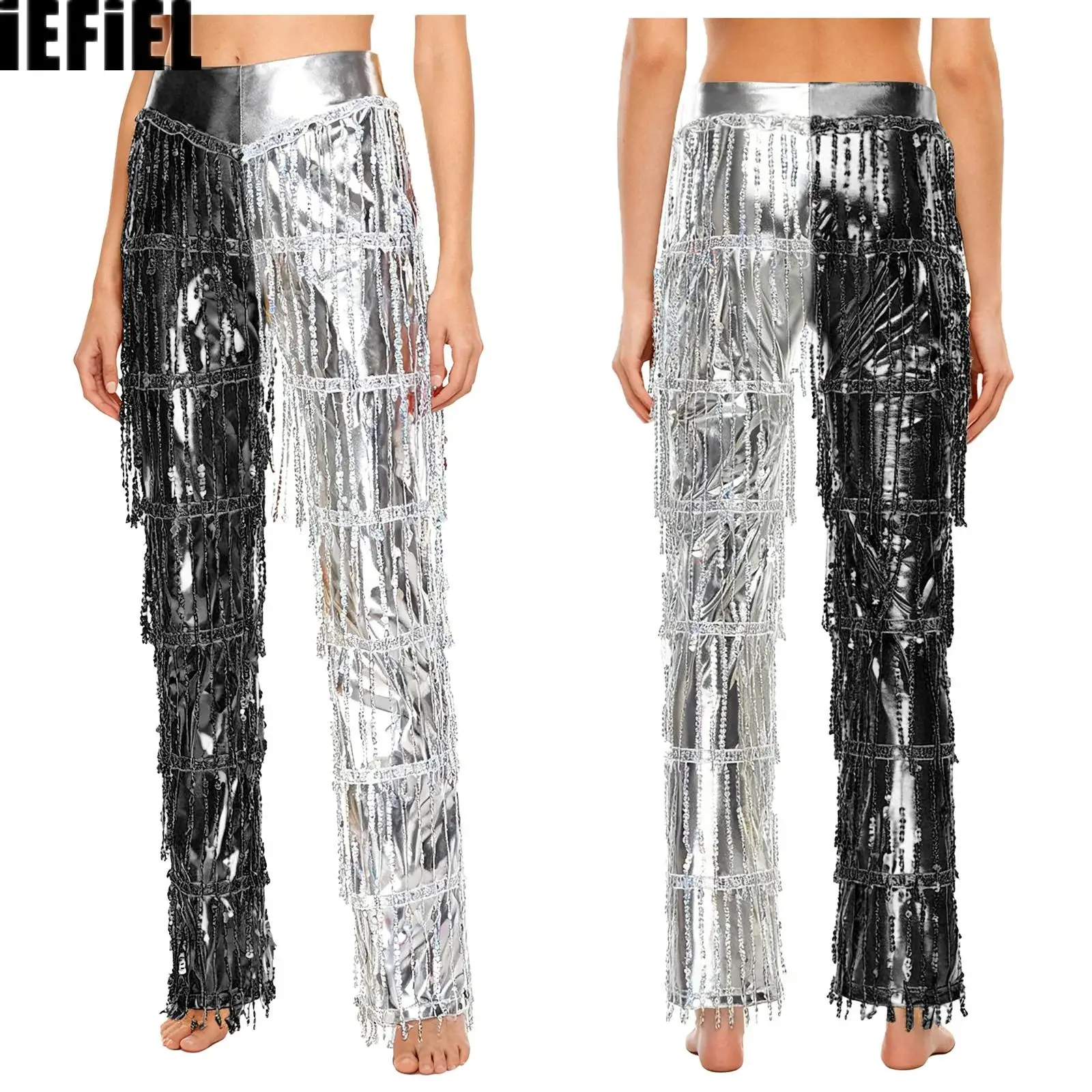 Pantalones de baile disco de los años 70 para mujer, pantalones largos metálicos con franjas de lentejuelas y borlas, pantalones para baile latino de Tango, Salsa