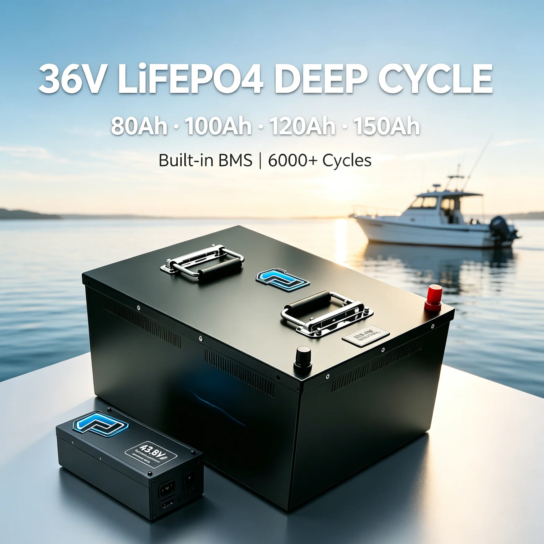 High 36V 80Ah-150Ah LiFePO4 Battery Pack with Built-in BMS & 43.8V 10A Charger for Solar Wind Energy Storage Trolling Motor Boat