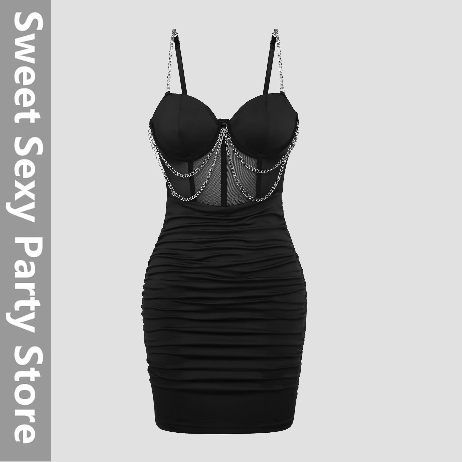 فستان مثير على الموضة الأوروبية والأمريكية الجديدة لعام 2025 بسلسلة شبكية سوداء ضيقة ومطويات ملفوفة على الورك 10906 #1