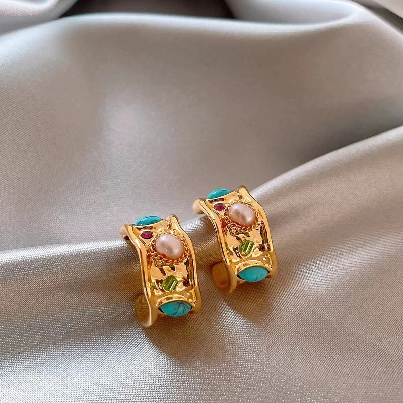 Korean new design fashion jewelry 14K gold plated C-shaped blue beads earrings elegant women's daily work accessories